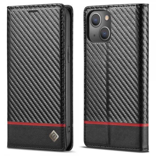 Lc.Imeeke iPhone 14 Plus Fodral Kolfibertextur Röd Stripe Horizontal