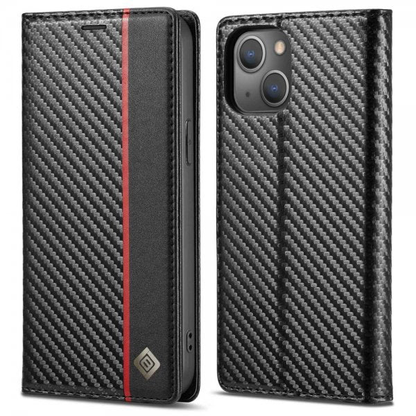 Lc.Imeeke iPhone 14 Plus Fodral Kolfibertextur Röd Stripe Vertical
