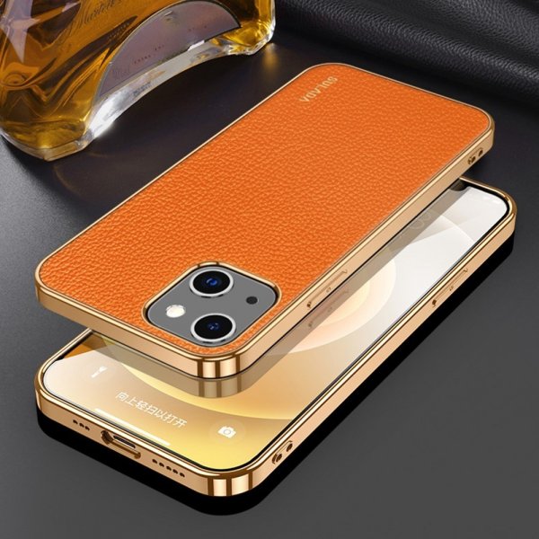 Sulada iPhone 14 Plus Skal Litchimönster Pläterad Kant Orange