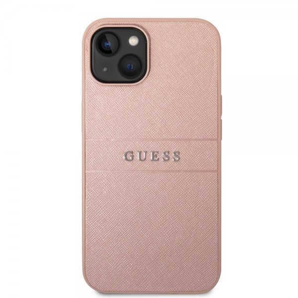 Guess iPhone 14 Plus Skal Saffiano Metal Logo Stripes Rosa