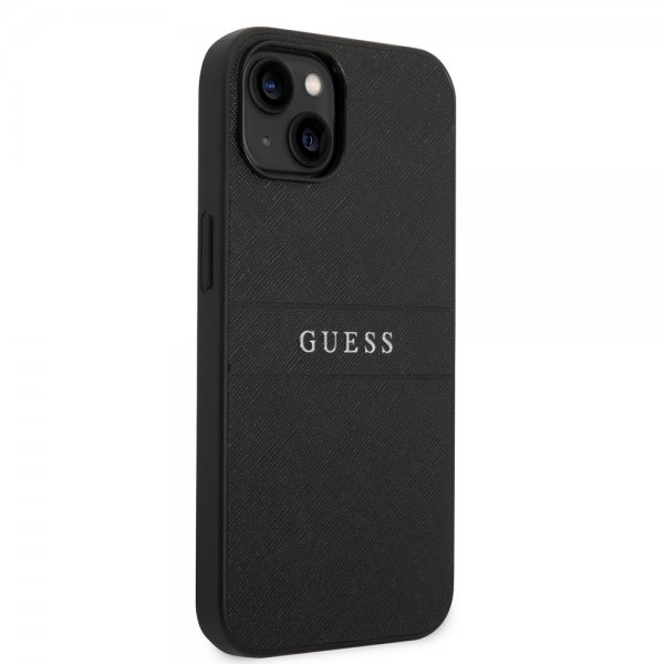 Guess iPhone 14 Plus Skal Saffiano Metal Logo Stripes Svart