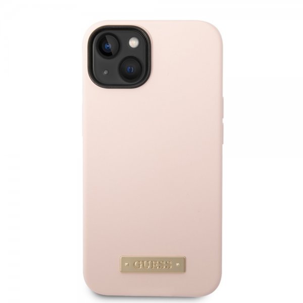 Guess iPhone 14 Plus Skal Silicone Metal Plate MagSafe Rosa