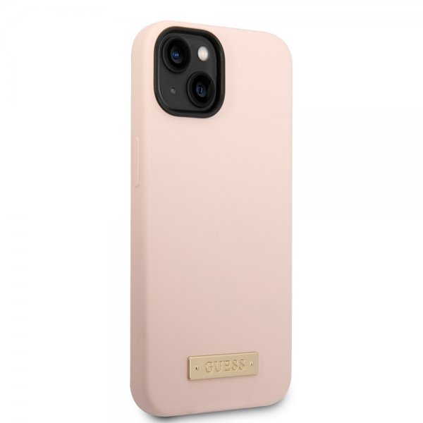 Guess iPhone 14 Plus Skal Silicone Metal Plate MagSafe Rosa
