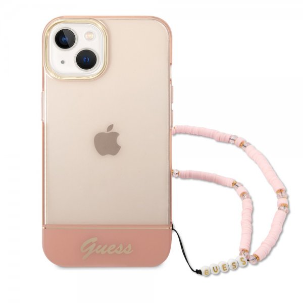 Guess iPhone 14 Plus Skal Translucent with Strap Rosa