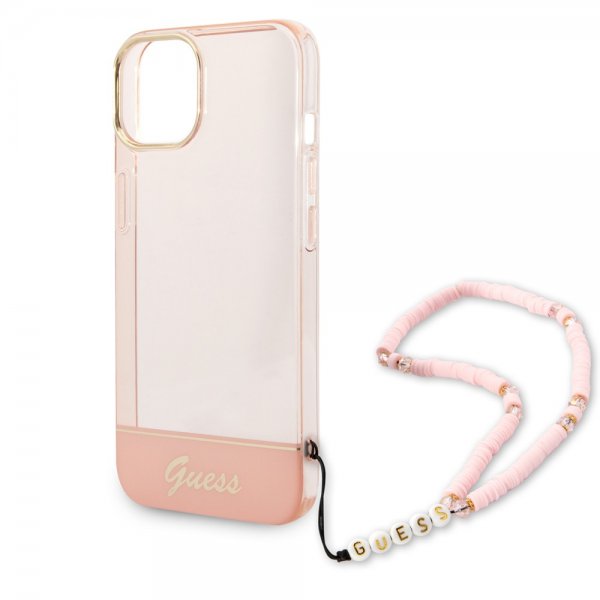 Guess iPhone 14 Plus Skal Translucent with Strap Rosa