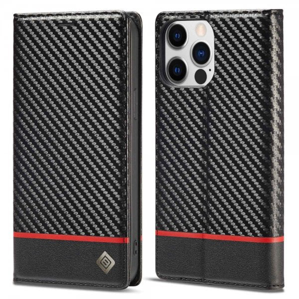 Lc.Imeeke iPhone 14 Pro Fodral Kolfibertextur Röd Stripe Horizontal