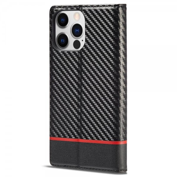 Lc.Imeeke iPhone 14 Pro Fodral Kolfibertextur Röd Stripe Horizontal