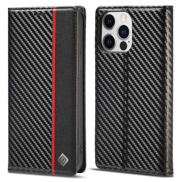 Lc.Imeeke iPhone 14 Pro Max Fodral Kolfibertextur Röd Stripe Vertical