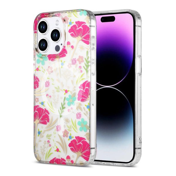 iPhone 14 Pro Max Skal Blommönster MagSafe Röd Grön