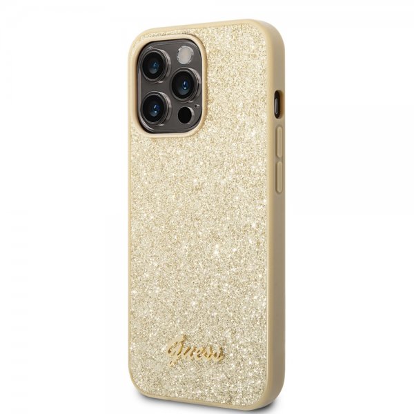 Guess iPhone 14 Pro Max Skal Glitter Flakes Metal Logo Guld