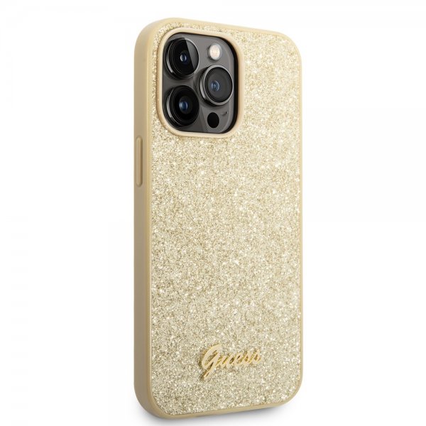 Guess iPhone 14 Pro Max Skal Glitter Flakes Metal Logo Guld