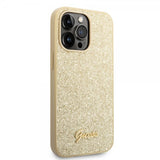 Guess iPhone 14 Pro Max Skal Glitter Flakes Metal Logo Guld