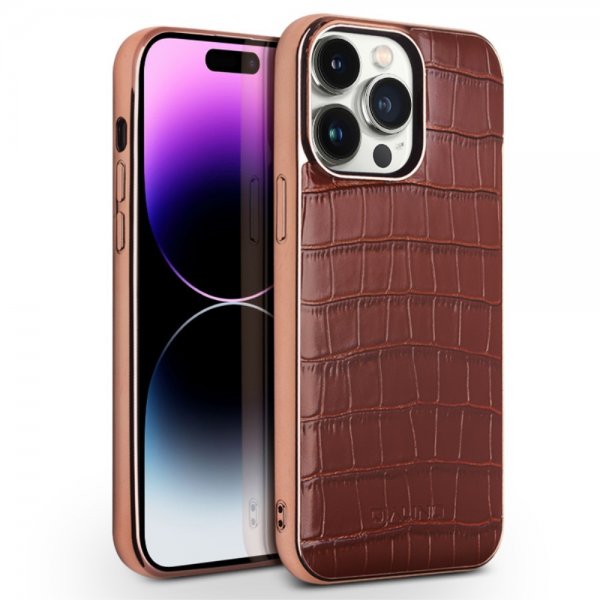 Qialino iPhone 14 Pro Max Skal Krokodilmönster MagSafe Brun