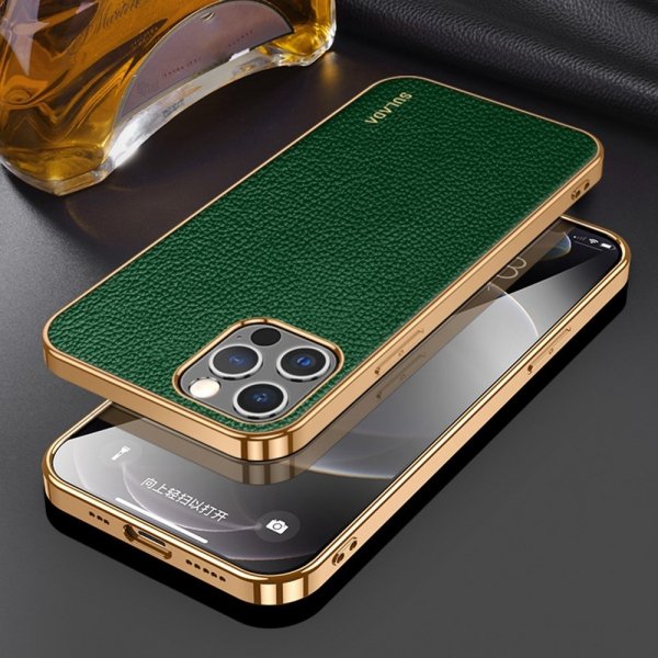 Sulada iPhone 14 Pro Max Skal Litchimönster Pläterad Kant Grön