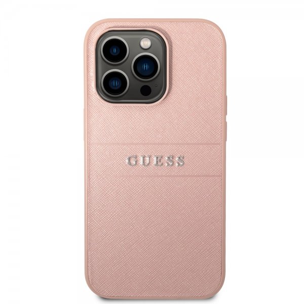 Guess iPhone 14 Pro Max Skal Saffiano Metal Logo Stripes Rosa