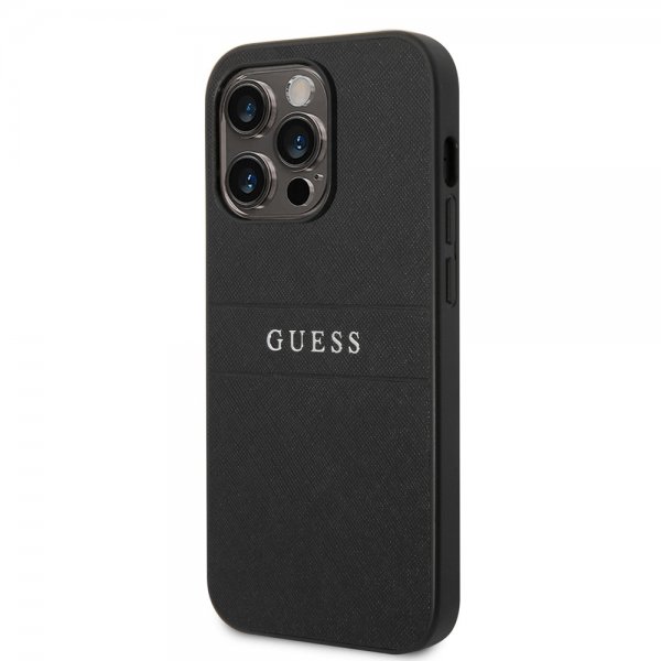 Guess iPhone 14 Pro Max Skal Saffiano Metal Logo Stripes Svart