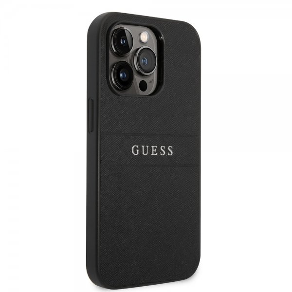 Guess iPhone 14 Pro Max Skal Saffiano Metal Logo Stripes Svart