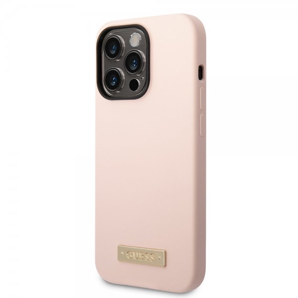 Guess iPhone 14 Pro Max Skal Silicone Metal Plate MagSafe Rosa