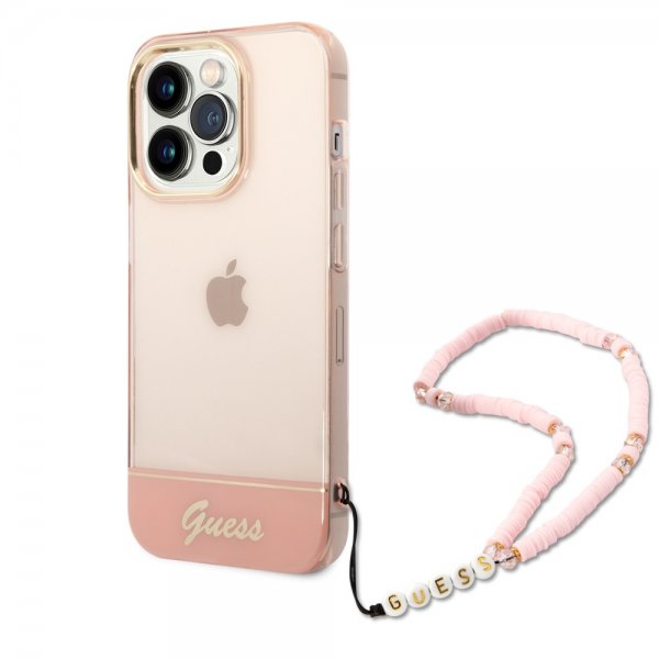 Guess iPhone 14 Pro Max Skal Translucent with Strap Rosa