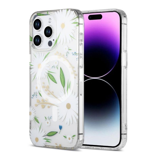 iPhone 14 Pro Skal Blommönster MagSafe Vit