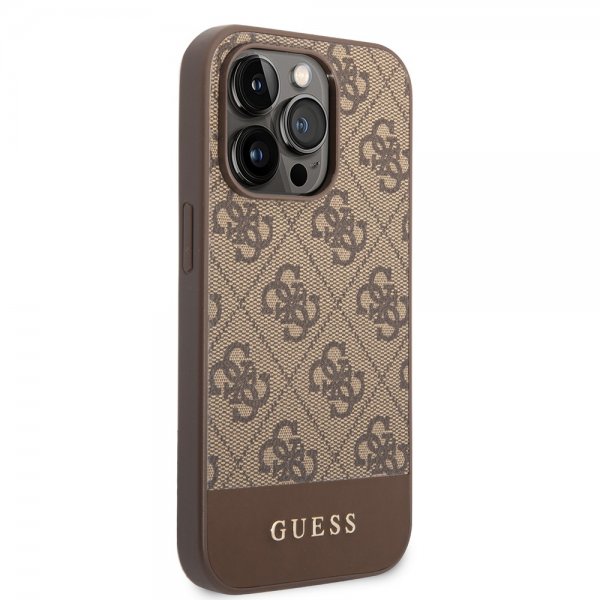 Guess iPhone 14 Pro Skal Bottom Stripe Metal Logo Brun