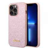 Guess iPhone 14 Pro Skal Glitter Flakes Metal Logo Rosa