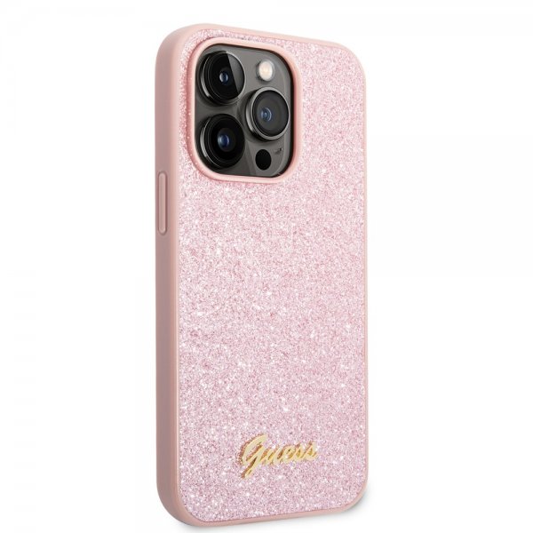 Guess iPhone 14 Pro Skal Glitter Flakes Metal Logo Rosa