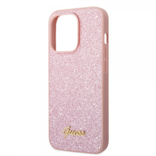 Guess iPhone 14 Pro Skal Glitter Flakes Metal Logo Rosa