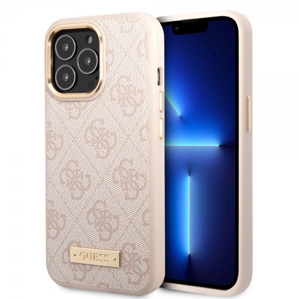 Guess iPhone 14 Pro Skal Metal Plate Logo MagSafe Rosa