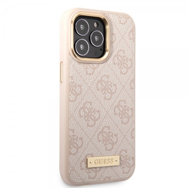 Guess iPhone 14 Pro Skal Metal Plate Logo MagSafe Rosa