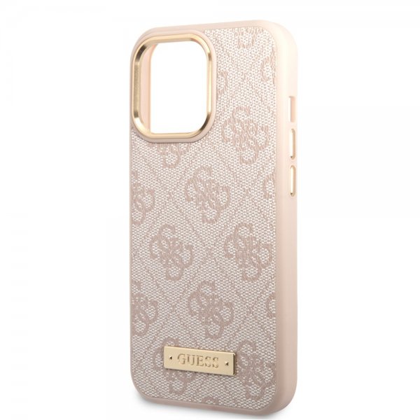 Guess iPhone 14 Pro Skal Metal Plate Logo MagSafe Rosa