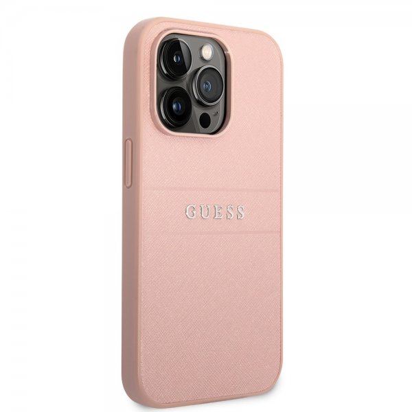 Guess iPhone 14 Pro Skal Saffiano Metal Logo Stripes Rosa
