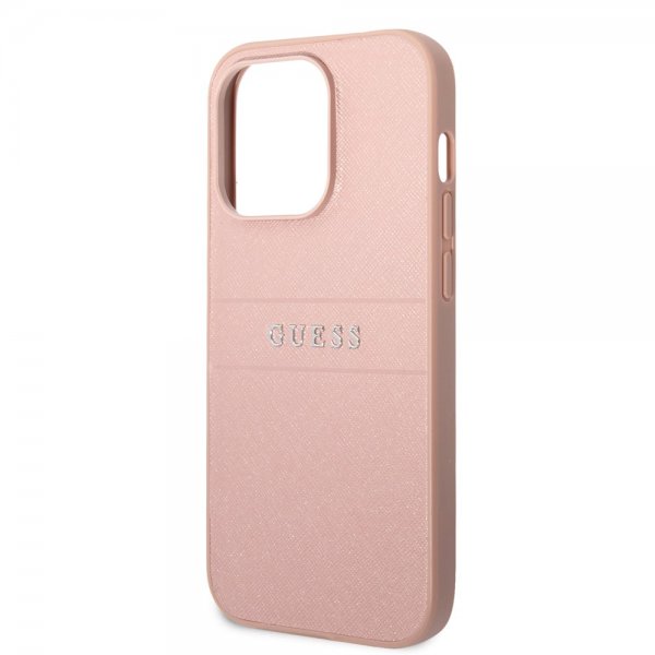 Guess iPhone 14 Pro Skal Saffiano Metal Logo Stripes Rosa