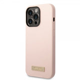 Guess iPhone 14 Pro Skal Silicone Metal Plate MagSafe Rosa