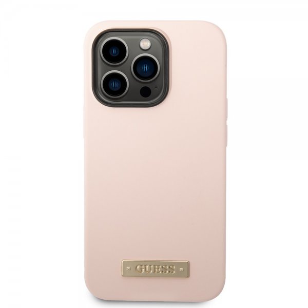 Guess iPhone 14 Pro Skal Silicone Metal Plate MagSafe Rosa