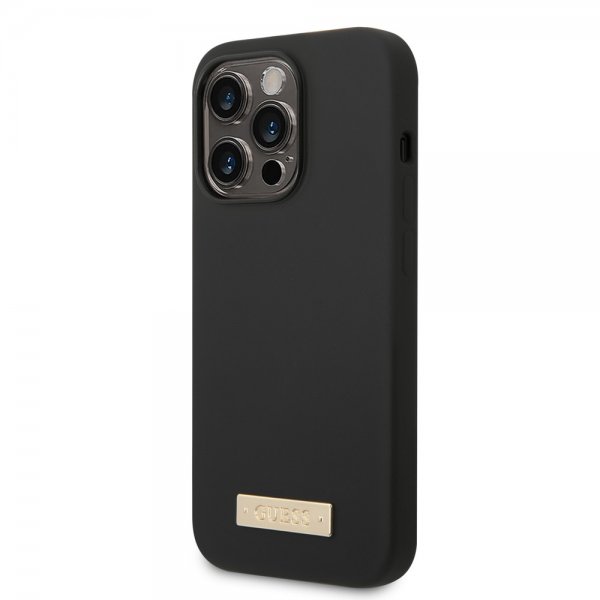 Guess iPhone 14 Pro Skal Silicone Metal Plate MagSafe Svart