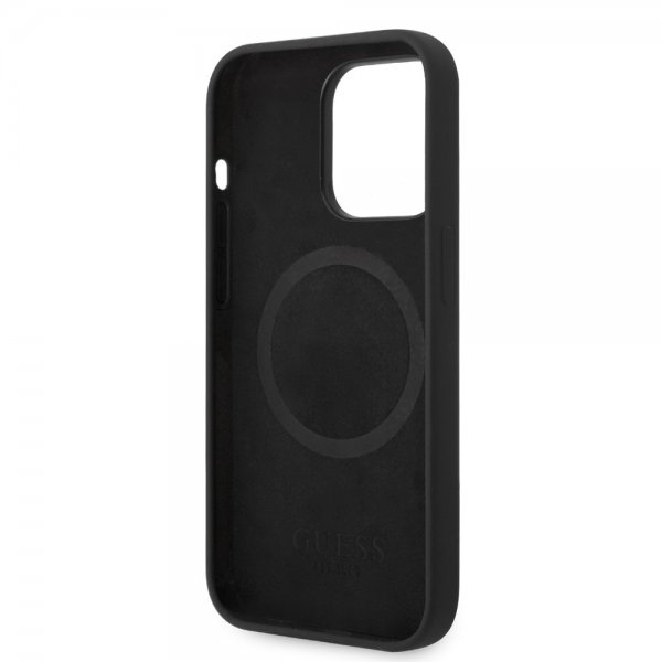Guess iPhone 14 Pro Skal Silicone Metal Plate MagSafe Svart