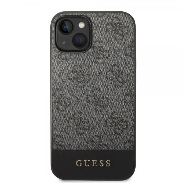 Guess iPhone 14 Skal Bottom Stripe Metal Logo Grå