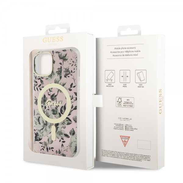Guess iPhone 14 Skal Flower MagSafe Rosa