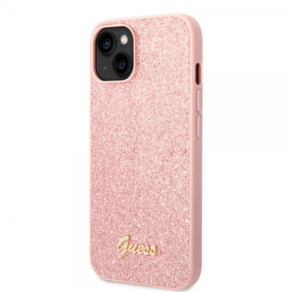 Guess iPhone 14 Skal Glitter Flakes Metal Logo Rosa