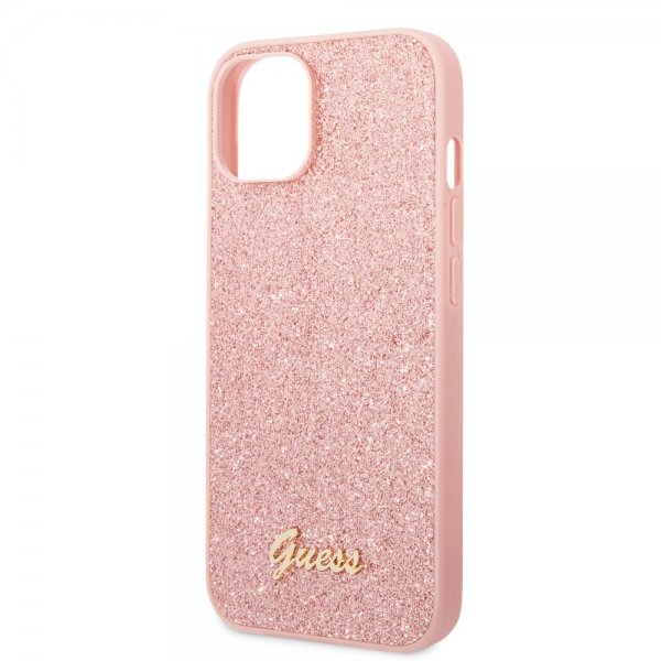 Guess iPhone 14 Skal Glitter Flakes Metal Logo Rosa