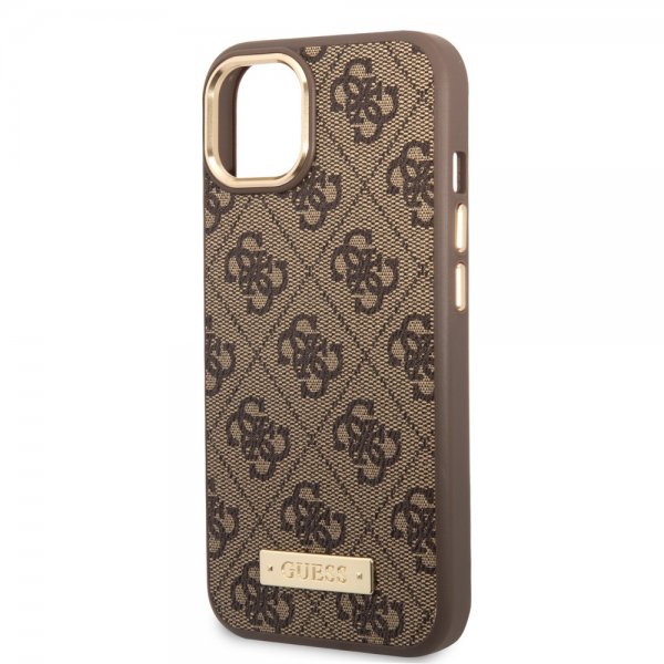Guess iPhone 14 Skal Metal Plate Logo MagSafe Brun