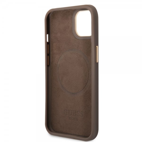 Guess iPhone 14 Skal Metal Plate Logo MagSafe Brun