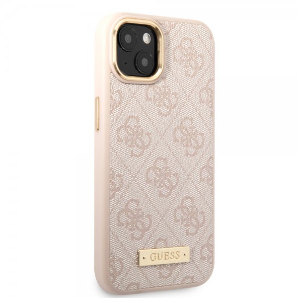 Guess iPhone 14 Skal Metal Plate Logo MagSafe Rosa