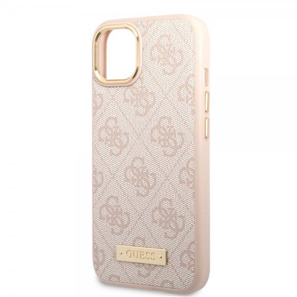 Guess iPhone 14 Skal Metal Plate Logo MagSafe Rosa