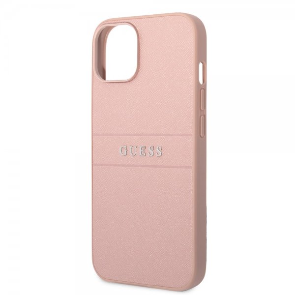 Guess iPhone 14 Skal Saffiano Metal Logo Stripes Rosa