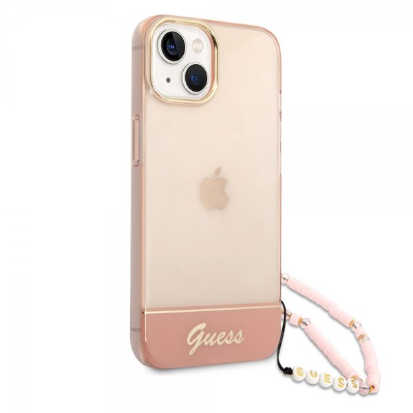 Guess iPhone 14 Skal Translucent with Strap Rosa