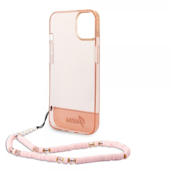 Guess iPhone 14 Skal Translucent with Strap Rosa