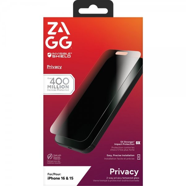 ZAGG InvisibleShield iPhone 15/iPhone 16 Skärmskydd Glass Elite Privacy