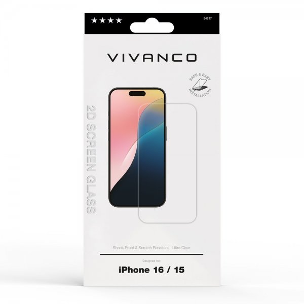 Vivanco iPhone 15/iPhone 16 Skärmskydd Härdat Skyddsglas 9H